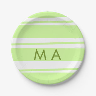 Neon green stripes Greek pattern letter monogram Paper Plate