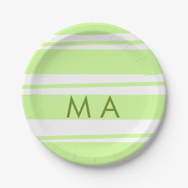 Neon green  stripes Greek pattern letter monogram  Paper Plate (Front)