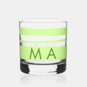 Neon green  stripes Greek pattern letter monogram  Whiskey Glass