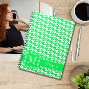 Neon Green White Houndstooth   Modern Monogram Notebook