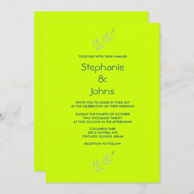 Neon Green Yellow Colourful Bright Leaves Wedding Invitation (Front/Back)