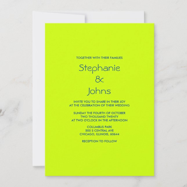 Neon Green Yellow Colourful Bright Minimal Wedding Invitation (Front)