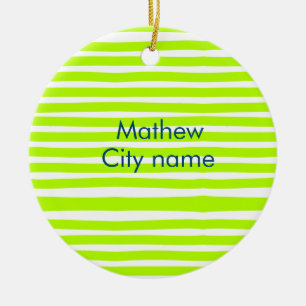 Neon green yellow retro stripes add name cityplace ceramic ornament