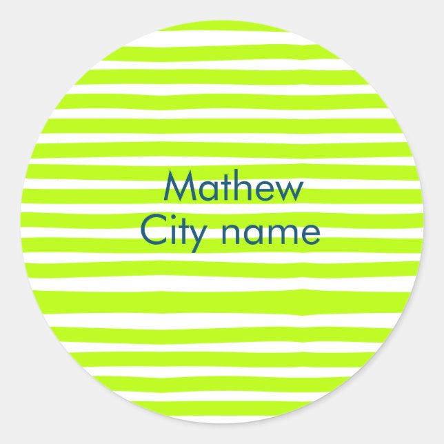 Neon green yellow retro stripes add name cityplace classic round sticker (Front)