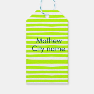 Neon green yellow retro stripes add name cityplace gift tags