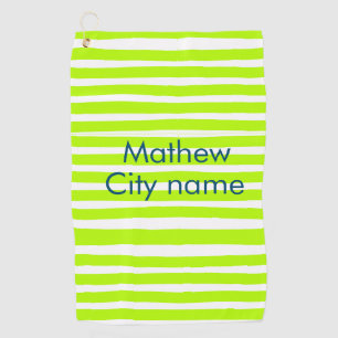 Neon green yellow retro stripes add name cityplace golf towel