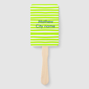 Neon green yellow retro stripes add name cityplace hand fan