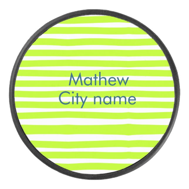 Neon green yellow retro stripes add name cityplace hockey puck (Front)