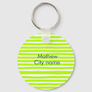 Neon green yellow retro stripes add name cityplace key ring
