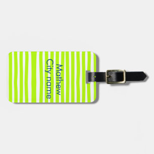 Neon green yellow retro stripes add name cityplace luggage tag