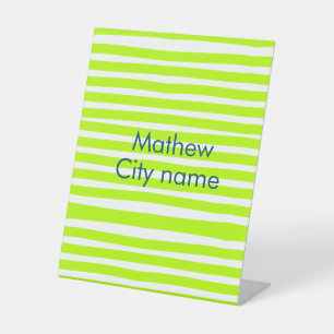Neon green yellow retro stripes add name cityplace pedestal sign