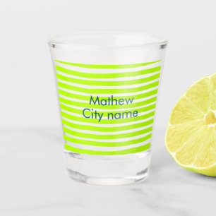 Neon green yellow retro stripes add name cityplace shot glass
