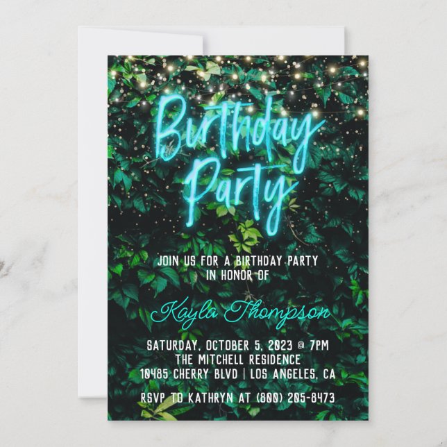 Neon Greenery Green Wall Birthday Party Invitation (Back)