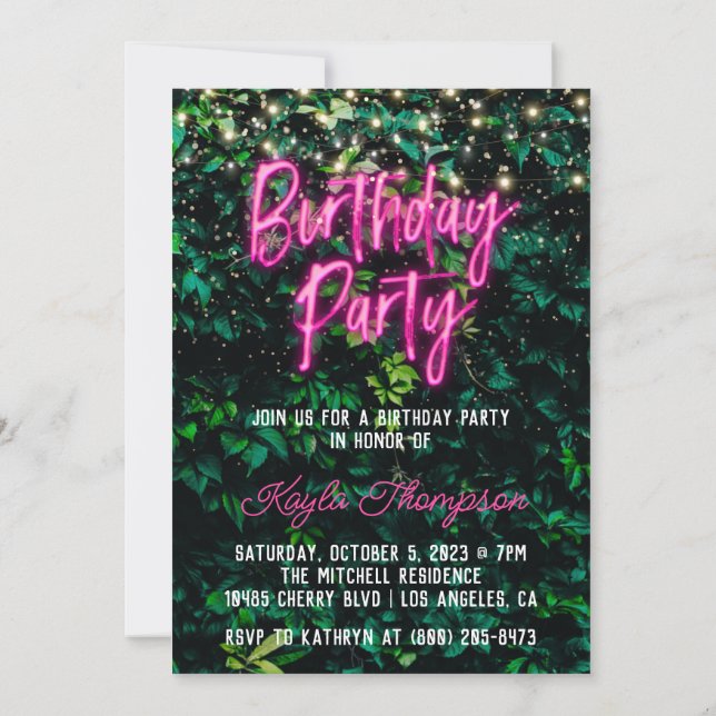 Neon Greenery Green Wall Birthday Party Invitation (Back)