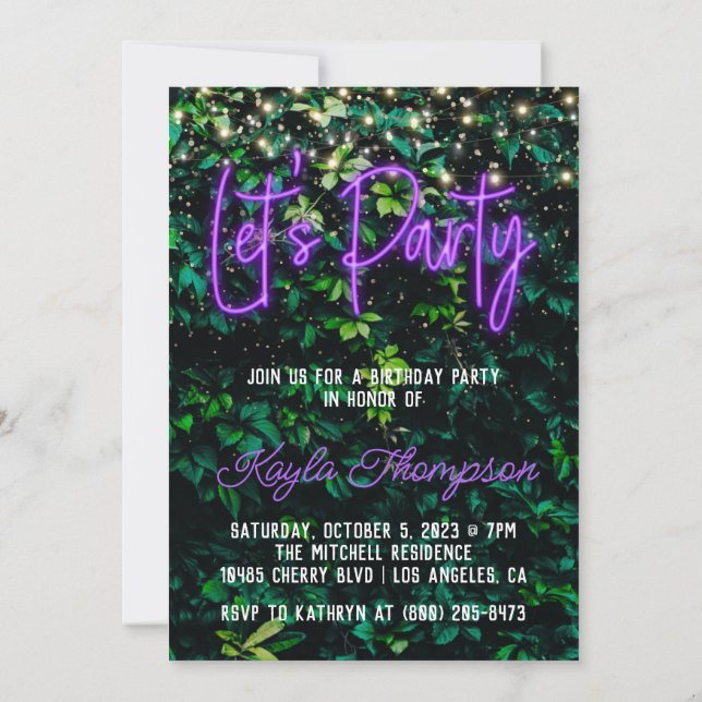 Neon Greenery Green Wall Let's Party Invitation (Back)