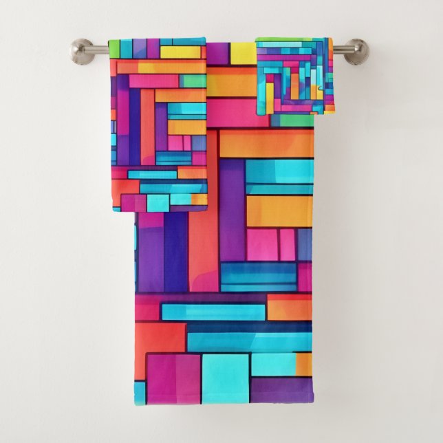 Neon Grid - Colourful Abstract Mosaic Bath Towel Set (Insitu)