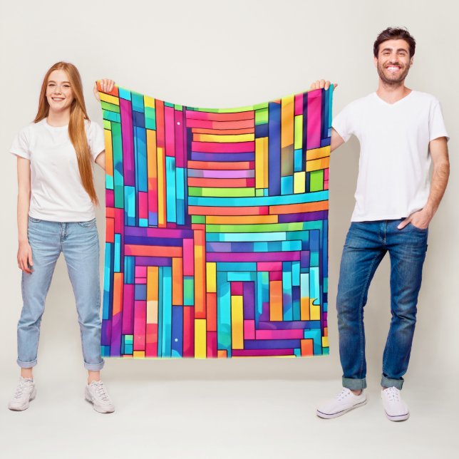 Neon Grid - Colourful Abstract Mosaic Fleece Blanket (In Situ)