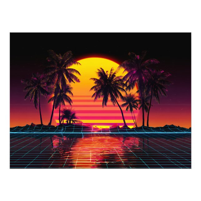 Neon Grid Palm Sunset Photo Print (Front)