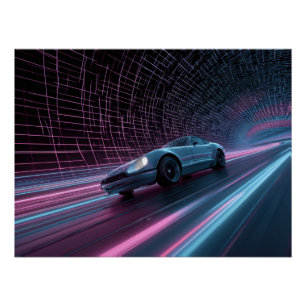 Neon Grid Racer in Futuristic Tunnel Poster