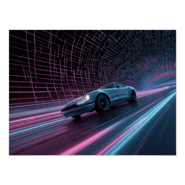 Neon Grid Racer in Futuristic Tunnel Poster (Front)