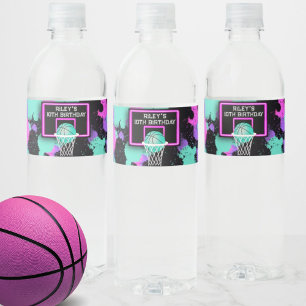 Neon Grunge Paint Splatter Basketball Birthday Water Bottle Label