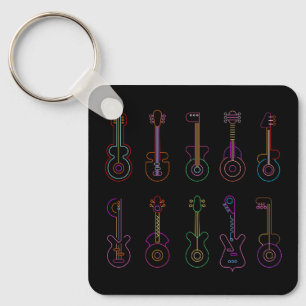 Neon Guitars with black background Key Ring