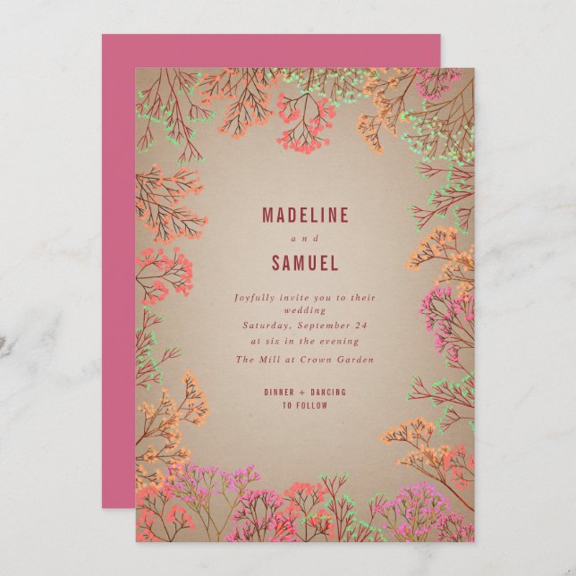 Neon Gypsophila Botanical Hot Pink Wedding Invitat Invitation (Front/Back)