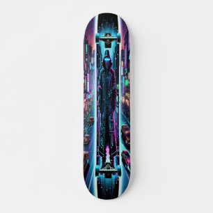 "Neon Hacker: Cyberpunk Cityscape  Skateboard