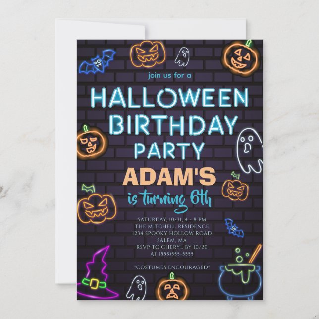 Neon Halloween Birthday Party  Invitation (Front)