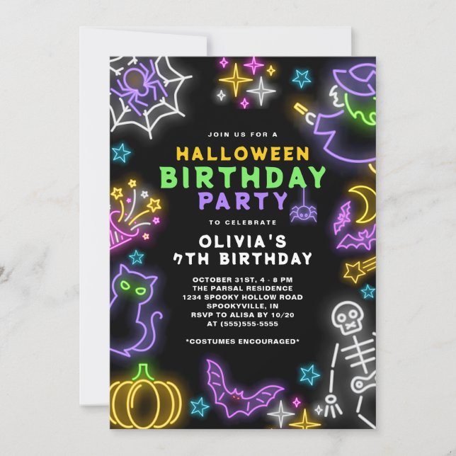 Neon Halloween Girls 7th Birthday Costume Party Invitation (Front)