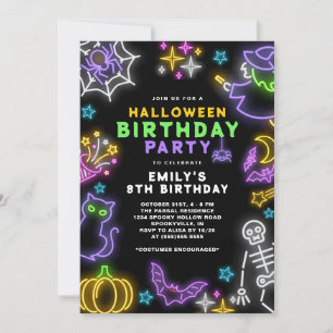 Neon Halloween Girls 8th Birthday Costume Party Invitation