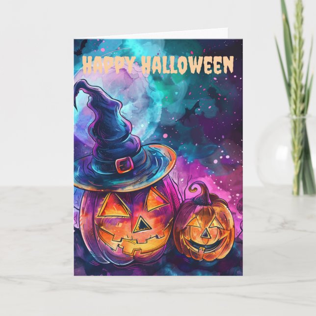 Neon Halloween Jack O Lanterns Holiday Card (Front)