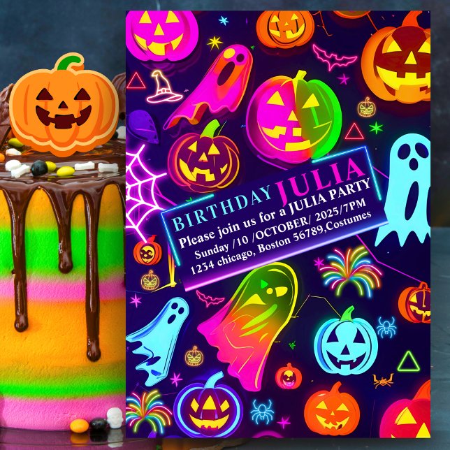 Neon Halloween light rainbow Glowing Ghost party Invitation (Creator Uploaded)
