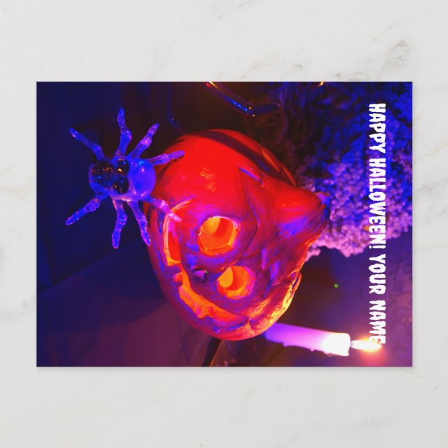 Neon Halloween pumpkins Announcement Postcard (Front)