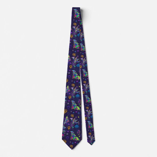 Neon Halloween spooky bats colourful decorative Tie (Front)