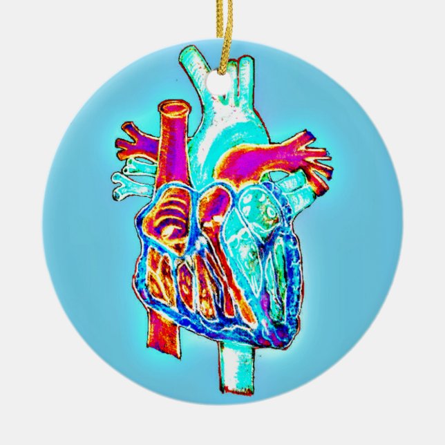 Neon Hand Drawn Anatomical Heart Ceramic Tree Decoration (Front)