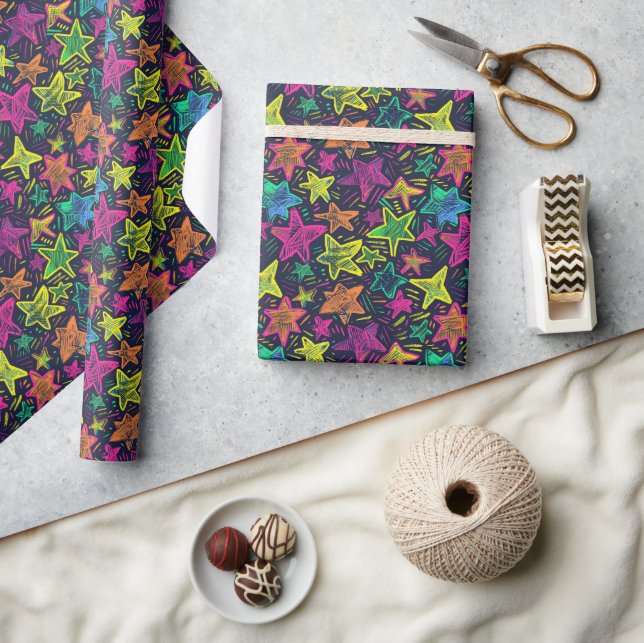 Neon Hand-Drawn Star Pattern on Midnight Backgroun Wrapping Paper (Crafts)