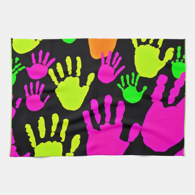 Neon Handprint Graffiti Pattern Tea Towel (Horizontal)