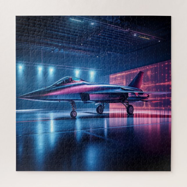 Neon Hangar Jet – Cyberpunk Puzzle (Vertical)