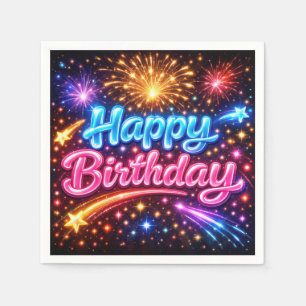 Neon Happy Birthday Fireworks and Stars Napkin