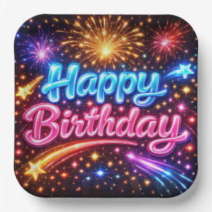 Neon Happy Birthday Fireworks and Stars Paper Plate
