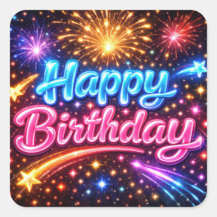 Neon Happy Birthday Fireworks and Stars Square Sticker
