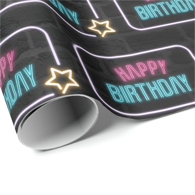 Neon Happy Birthday Marquee On Brick  Wrapping Paper (Roll Corner)