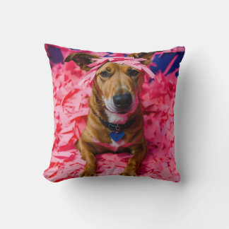 Neon Happy Dog Sitting Beside Shredded Paper Chaos Cushion