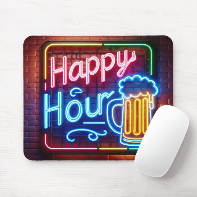 Neon Happy Hour Sign On Brick Mouse Pad (With Mouse)
