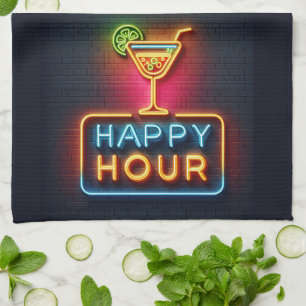 Neon Happy Hour Sign Tea Towel