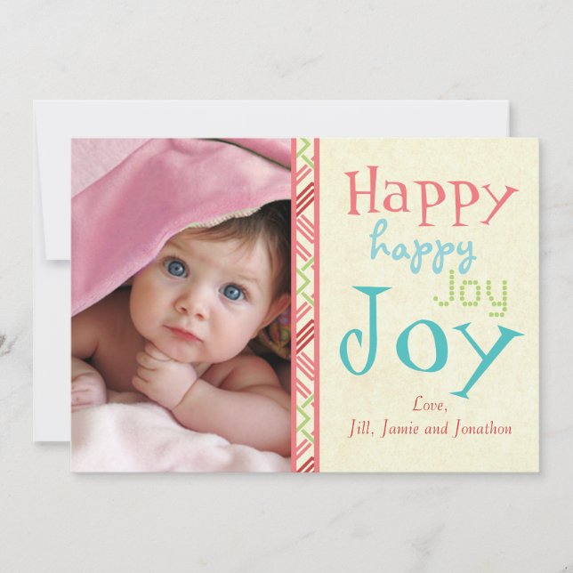 Neon Happy Joy Typography Christmas Photo Card (Front)