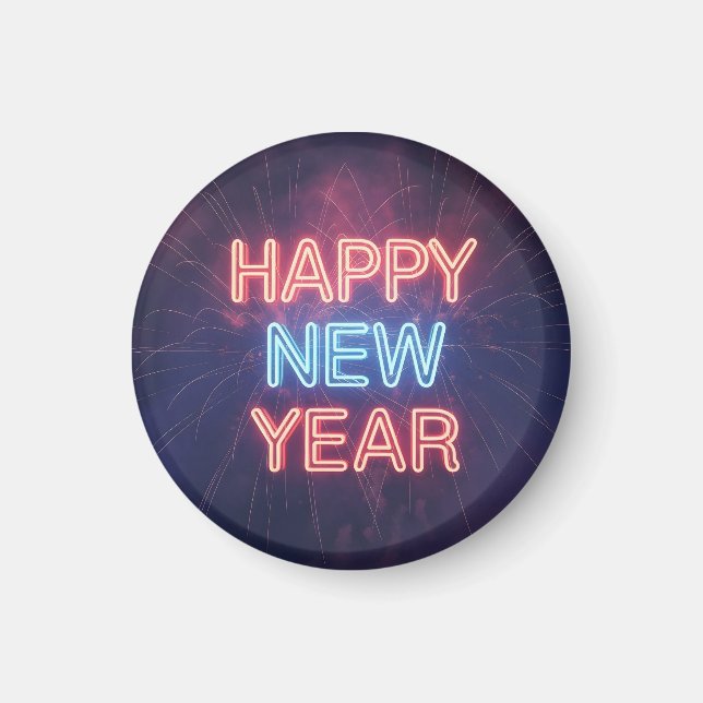 Neon "Happy New Year" Typography with Fireworks Magnet (Front)