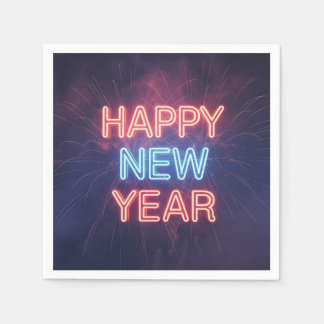 Neon "Happy New Year" Typography with Fireworks Napkin