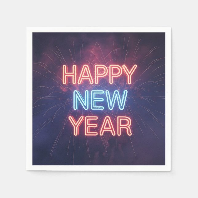 Neon "Happy New Year" Typography with Fireworks Napkin (Front)